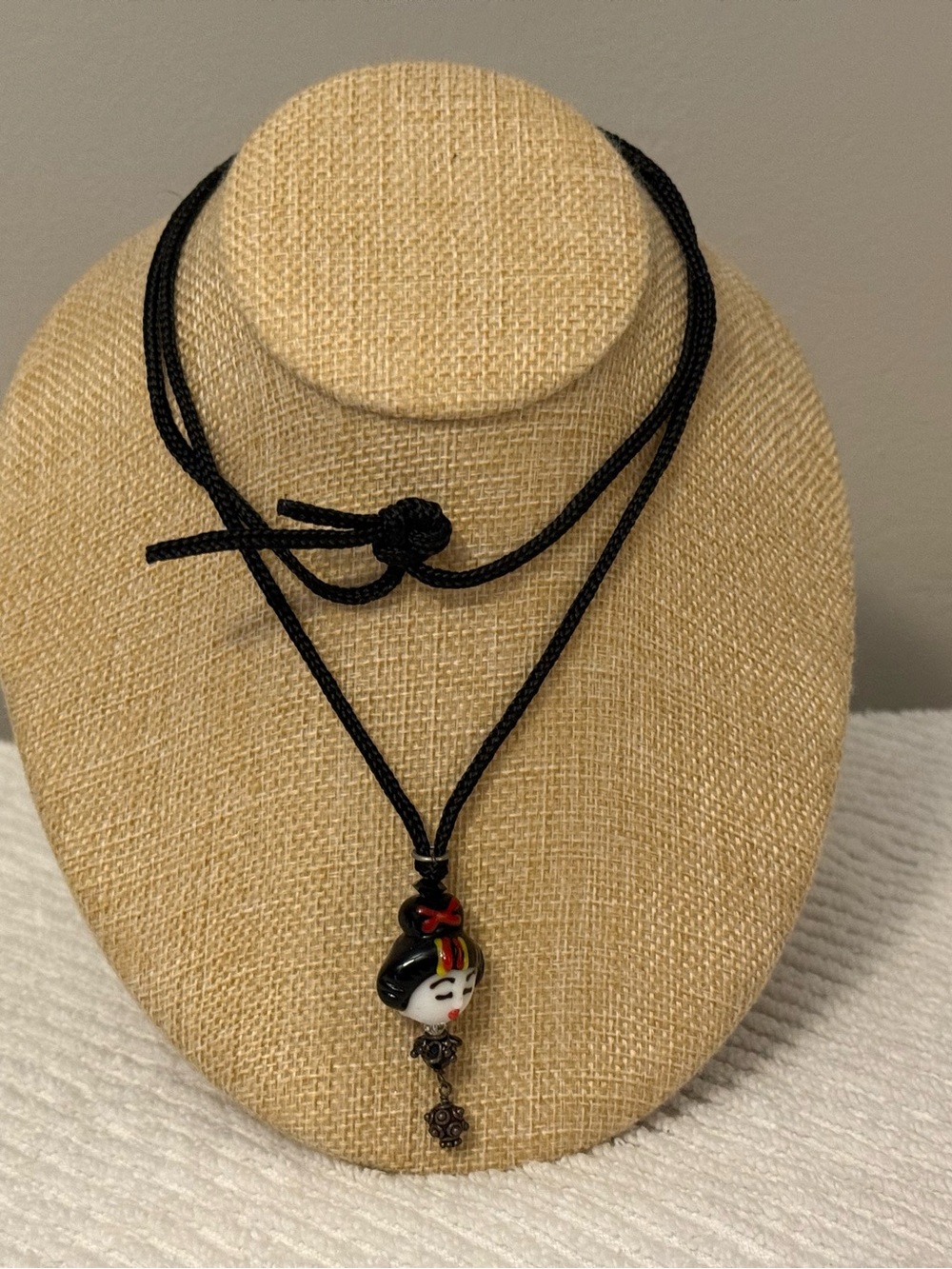 Vintage Handmade Geisha Glass Ceramic Pendant Necklace in Black and White